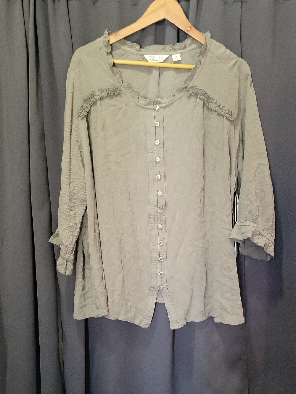 AFF Olive Green Ruffle-Trim Button-Front Blouse